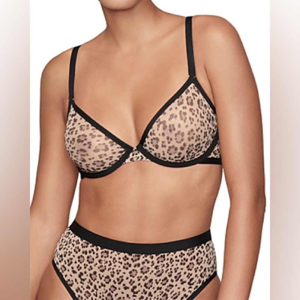 New CUUP The Plunge Mesh Bra Leopard Print Size 32H Tan Black Sheer Underwire